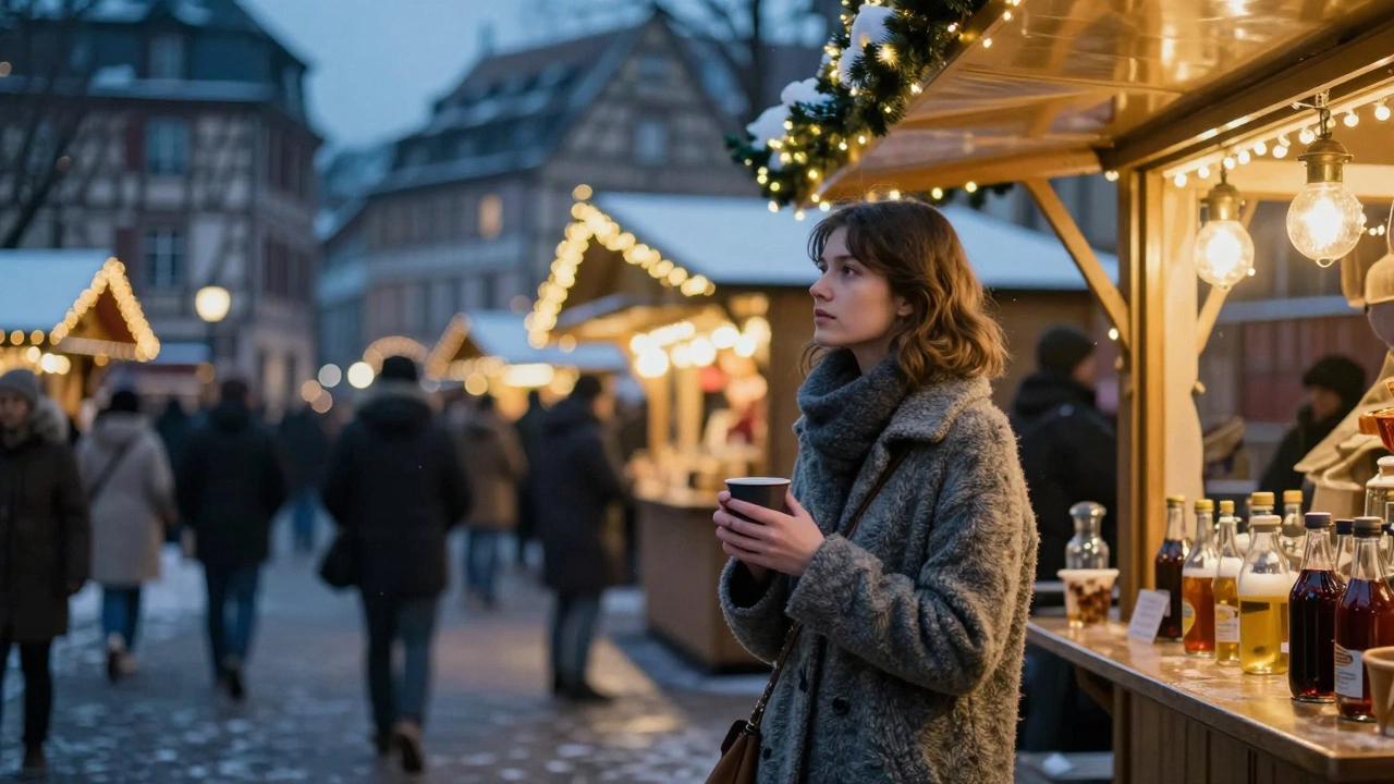 A solitary figure at Strasbourg&#039;s Christmas market, gazing at twinkling lights with a cup of mulled wine in hand.
