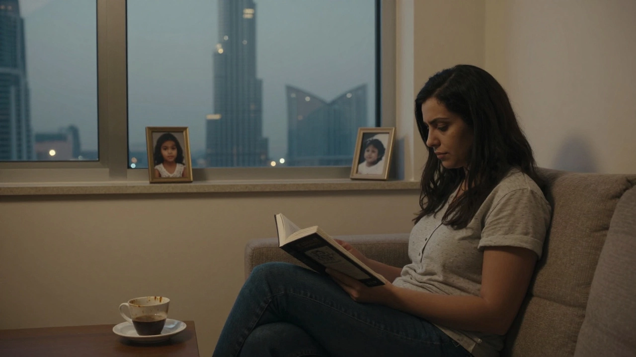 A woman in a Dubai apartment reading, with a photo of her child on the shelf.